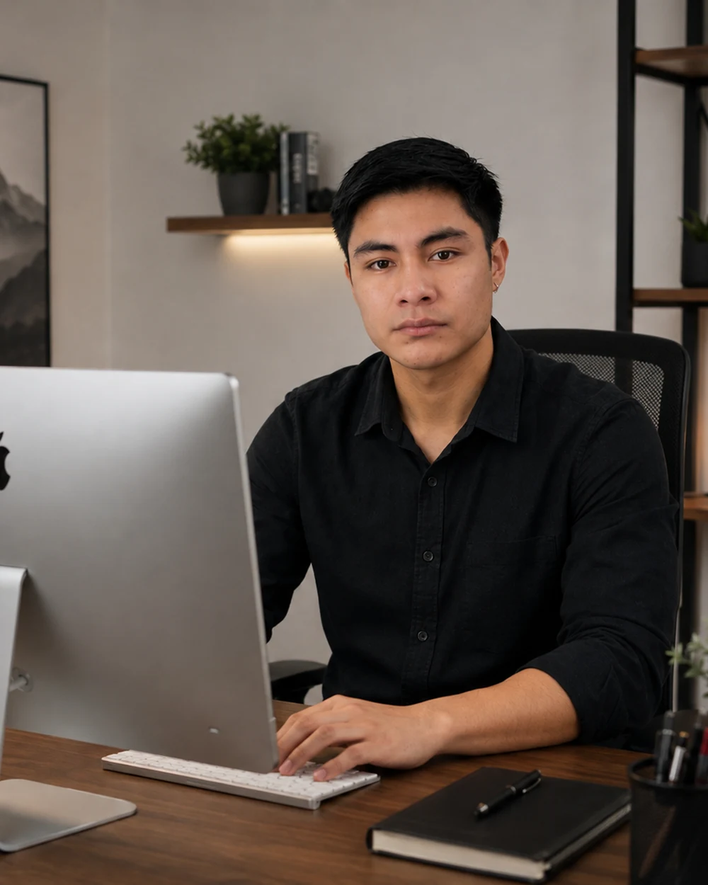 Jheferson Cholan trabajando frente a una computadora